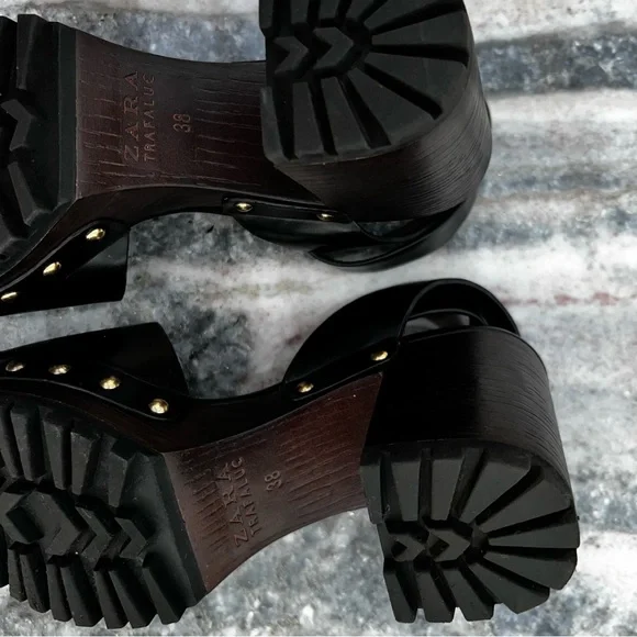 ZARA Anklestrap Wooden Clogs Black LEATHER SANDALS with Studs Size 38 - Picture 9 of 11